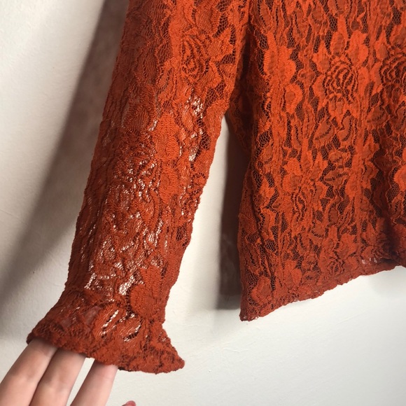 Rusty Orange Lace Crop Top With Bell Sleeves - Picture 2 of 6